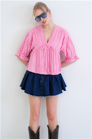 Kadın Pembe V Yaka Truvakar Kol Lastikli Fırfır Kumaş Bluz Alc-X15414