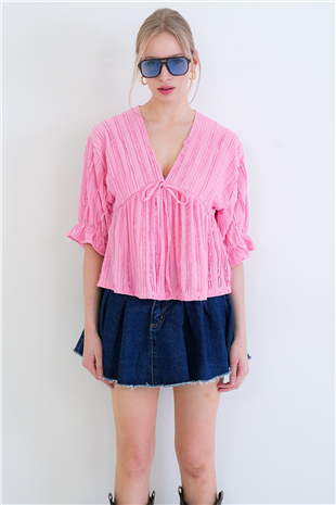 Kadın Pembe V Yaka Truvakar Kol Lastikli Fırfır Kumaş Bluz Alc-X15414