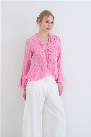 Kadın Pembe V Yaka Volanlı İspanyol Kol Fırfır Bluz Alc-X15430