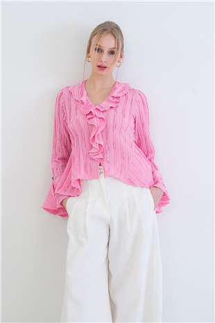 Kadın Pembe V Yaka Volanlı İspanyol Kol Fırfır Bluz Alc-X15430