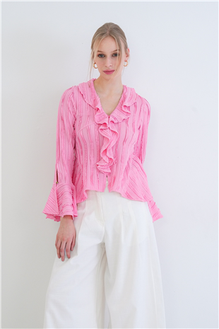 Kadın Pembe V Yaka Volanlı İspanyol Kol Fırfır Bluz Alc-X15430