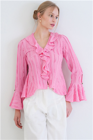 Kadın Pembe V Yaka Volanlı İspanyol Kol Fırfır Bluz Alc-X15430