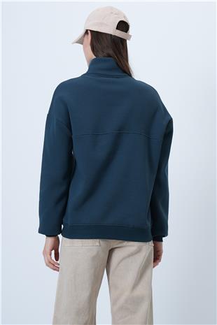 Kadın Petrol Yeşili Dik Yaka Yarım Fermuarlı Çımalı Sweatshirt VS01457