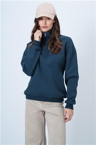 Kadın Petrol Yeşili Dik Yaka Yarım Fermuarlı Çımalı Sweatshirt VS01457