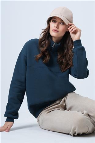 Kadın Petrol Yeşili Dik Yaka Yarım Fermuarlı Çımalı Sweatshirt VS01457
