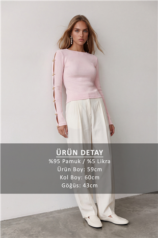Kadın Pudra Bisiklet Yaka Kolu Gold Düğme Detaylı Ottoban Bluz Alc-X14336
