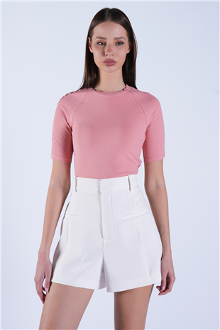 Kadın Pudra Pembe Bisiklet Yaka Kolu İncili Crop Bluz Alc-X15105