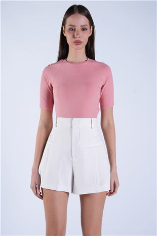 Kadın Pudra Pembe Bisiklet Yaka Kolu İncili Crop Bluz Alc-X15105