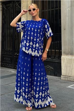 Kadın Saks Bisiklet Yaka Desenli Bluz Ve Pantolon Takım VS00801