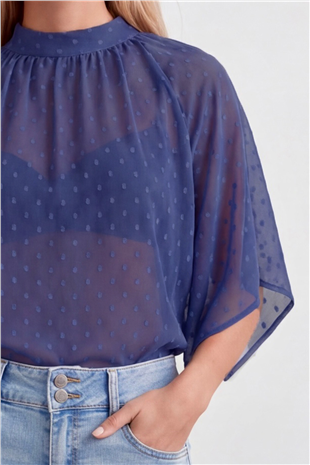 Kadın Saks Dik Yaka Bağlamalı Drape Detaylı Şifon Bluz Alc-X15480