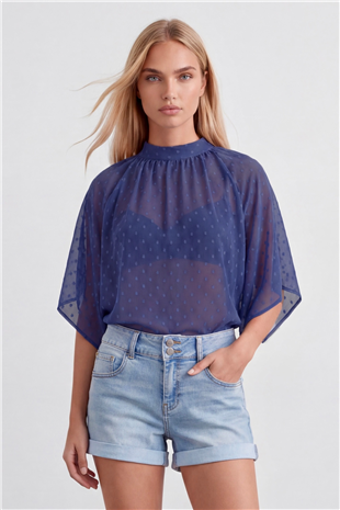 Kadın Saks Dik Yaka Bağlamalı Drape Detaylı Şifon Bluz Alc-X15480