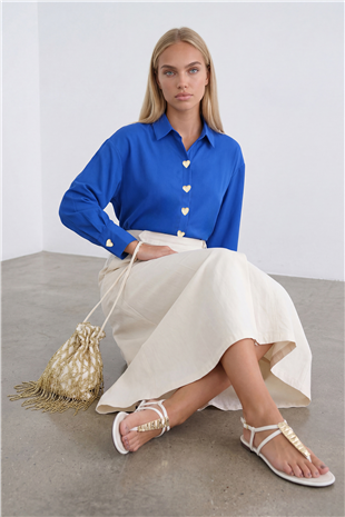 Kadın Saks Kalp Düğmeli Oversize Poplin Gömlek Alc-X13935