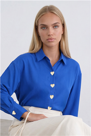 Kadın Saks Kalp Düğmeli Oversize Poplin Gömlek Alc-X13935
