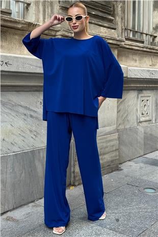 Kadın Saks Oversize Salaş Kesim Bluz Ve Çift Cepli Pantolon Buzzy Kumaş Takım VS01582