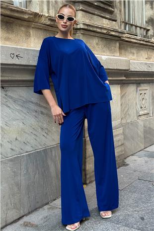 Kadın Saks Oversize Salaş Kesim Bluz Ve Çift Cepli Pantolon Buzzy Kumaş Takım VS01582