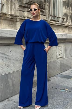 Kadın Saks Oversize Salaş Kesim Bluz Ve Çift Cepli Pantolon Buzzy Kumaş Takım VS01582