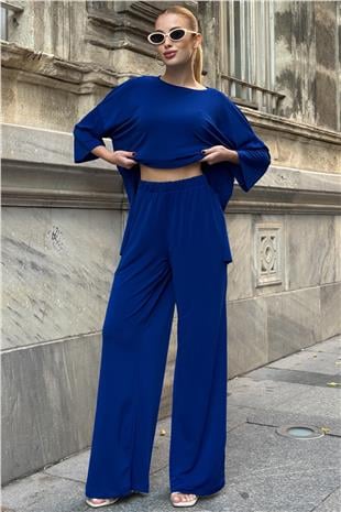 Kadın Saks Oversize Salaş Kesim Bluz Ve Çift Cepli Pantolon Buzzy Kumaş Takım VS01582