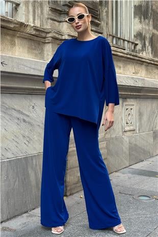 Kadın Saks Oversize Salaş Kesim Bluz Ve Çift Cepli Pantolon Buzzy Kumaş Takım VS01582