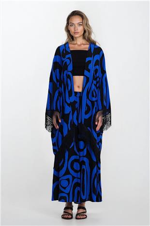 Kadın Saks Püsküllü Kimono Beli Lastikli Ve Çift Cepli Büyük Beden Alt Üst Takım VS00351