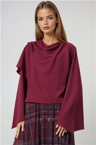 Kadın Şarap Bisiklet Yaka Kendinden Şal Detaylı Geniş Kesim Tasarım Bluz ALC-X14420