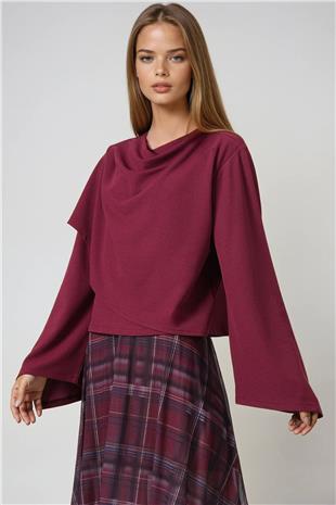 Kadın Şarap Bisiklet Yaka Kendinden Şal Detaylı Geniş Kesim Tasarım Bluz ALC-X14420