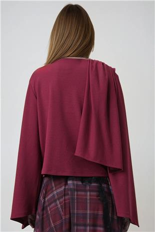 Kadın Şarap Bisiklet Yaka Kendinden Şal Detaylı Geniş Kesim Tasarım Bluz ALC-X14420