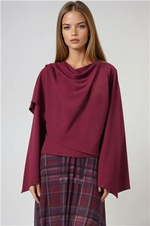 Kadın Şarap Bisiklet Yaka Kendinden Şal Detaylı Geniş Kesim Tasarım Bluz ALC-X14420