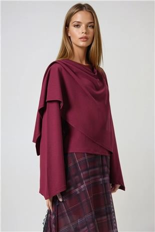 Kadın Şarap Bisiklet Yaka Kendinden Şal Detaylı Geniş Kesim Tasarım Bluz ALC-X14420