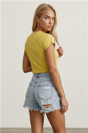 Kadın Sarı Bisiklet Yaka Reglan Kol Likralı Örme Bluz Alc-X15388