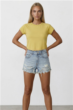 Kadın Sarı Bisiklet Yaka Reglan Kol Likralı Örme Bluz Alc-X15388