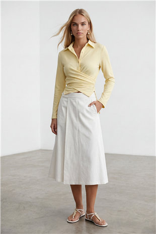 Kadın Sarı Çapraz Bağlama Detaylı Sofia Keten Gömlek Alc-X15471