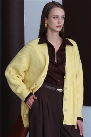 Kadın SARI Düğme Kapamalı Fitilli Uzun Triko Hırka VS01430