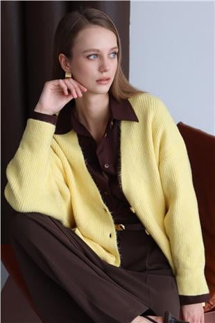 Kadın SARI Düğme Kapamalı Fitilli Uzun Triko Hırka VS01430