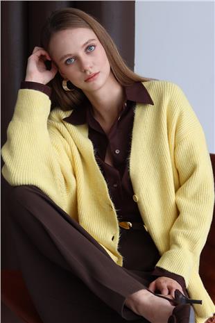 Kadın SARI Düğme Kapamalı Fitilli Uzun Triko Hırka VS01430