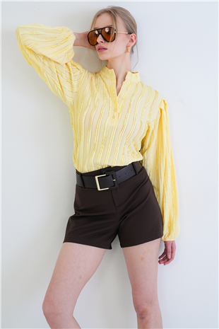 Kadın Sarı Hakim Yaka Önü Düğmeli Balon Kol Fırfır Kumaş Gömlek Bluz Alc-X15405