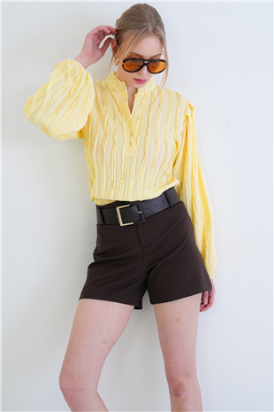Kadın Sarı Hakim Yaka Önü Düğmeli Balon Kol Fırfır Kumaş Gömlek Bluz Alc-X15405