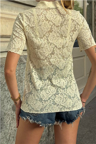 Kadın Sarı Polo Yaka Yarım Pat Düğmeli Dantel T-Shırt Alc-X15328