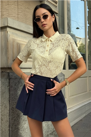 Kadın Sarı Polo Yaka Yarım Pat Düğmeli Dantel T-Shırt Alc-X15328