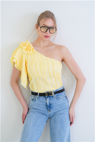 Kadın Sarı Tek Omuz Detaylı Bluz Alc-X12191