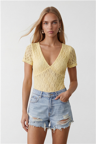 Kadın Sarı V Yaka Göğüs Astarlı Çıtçıtlı Dantel Bluz Alc-X15476
