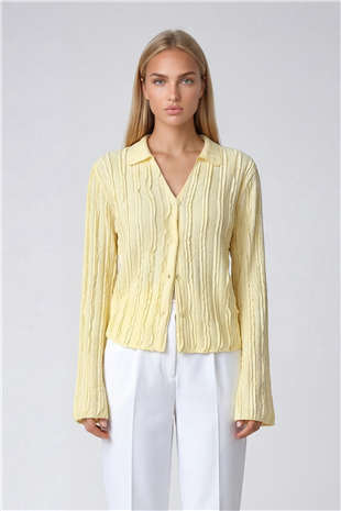 Kadın Sarı V Yaka İspanyol Kol Fırfır Kumaş Gömlek Alc-X15404