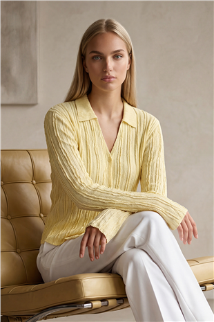 Kadın Sarı V Yaka İspanyol Kol Fırfır Kumaş Gömlek Alc-X15404