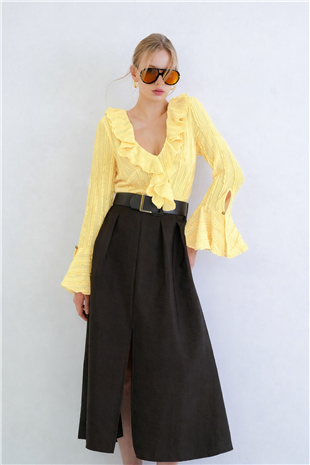 Kadın Sarı V Yaka Volanlı İspanyol Kol Fırfır Bluz Alc-X15430