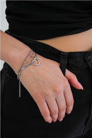 Kadın Silver 3 Lü Karışık Kalp Charmlı Bileklik Set Alc-X15342