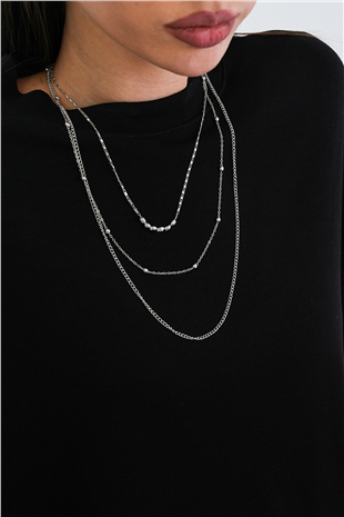 Kadın Silver Çelik 3 Lü Zincir Dorika Kolye Seti Alc-X15341