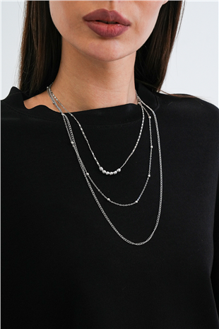 Kadın Silver Çelik 3 Lü Zincir Dorika Kolye Seti Alc-X15341