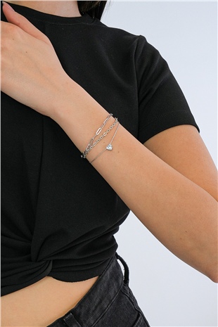 Kadın Silver Zirkon Kalp Taşlı Çelik Zincir Bileklik Set Alc-X15343