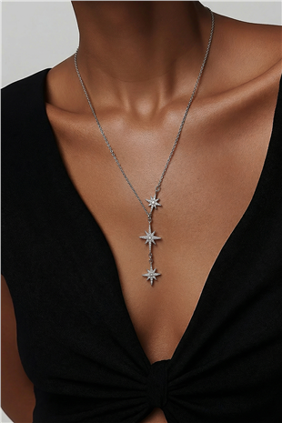 Kadın Silver Zirkon Taşlı 3 Lü Yıldız Takımı Zincir Kolye Alc-X15348