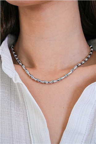 Kadın Silver Zirkon Taşlı Kemik Tasarım Çelik Kolye Alc-X15360