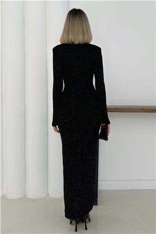 Kadın SİMLİ SİYAH Uzun Kollu V Yaka Dekolteli Drapeli Yırtmaçlı Maxi Elbise VS01598